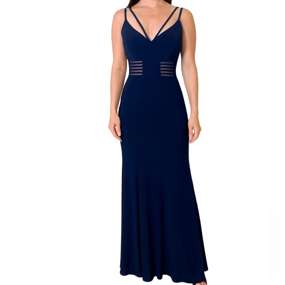 morgan & Co illusion formal dress navy blue maxi slit side sheer mid section S-4